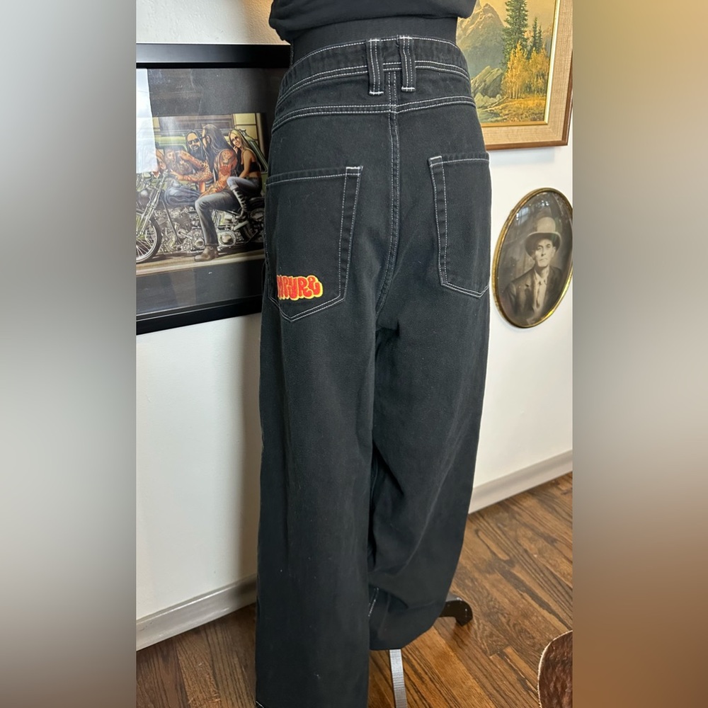 Y2K Baggy White Stitched EMPYRE Black Jeans Waist :8